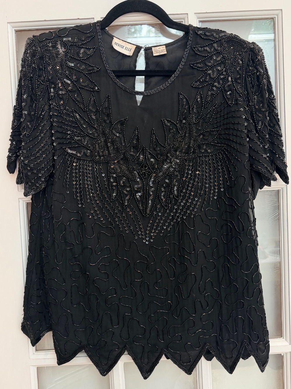 Vintage Denise Elle 100% Silk 80’s Sequins Beaded Evening Gothic Blouse Size L